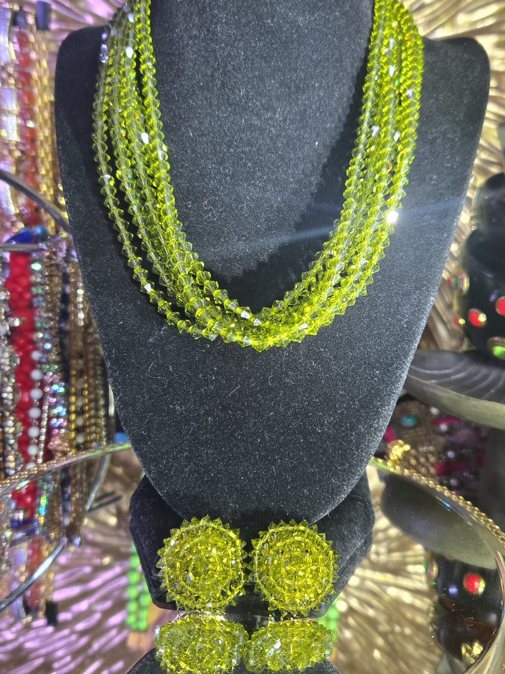 Peridot 💚Austrian Crystal💚 18", 7 Strand MCM Vtg Necklace Demi Parure Set